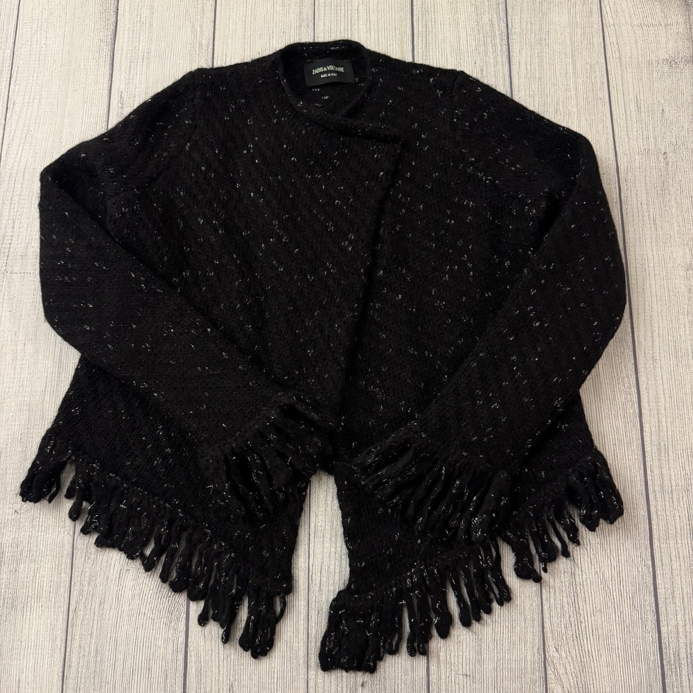 Zadig & Voltaire Daphna Wool Blend Cardigan Sweater Black Sparkle Fringe XS